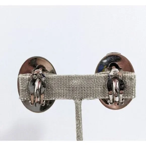 Large Oval Turquoise Art Glass Whiting And Davis Clip On Earrings - Vintage - Picture 6 of 10